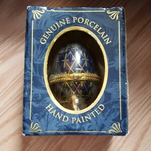 Genuine Porcelain Hand Painted Egg - Blue and Gold